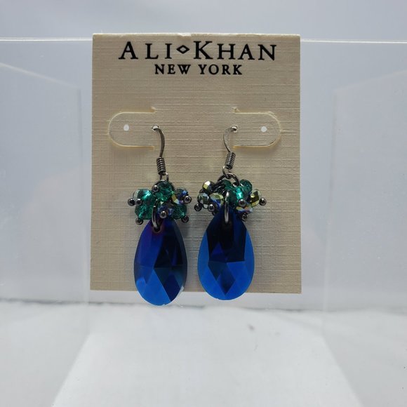 Ali Khan blue cluster stone silver fish hook dangle earring - Picture 3 of 4